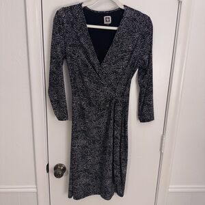 Anne Klein Women’s Small Faux-Wrap Jersey Midi Dress - Black/Cream Print - EUC